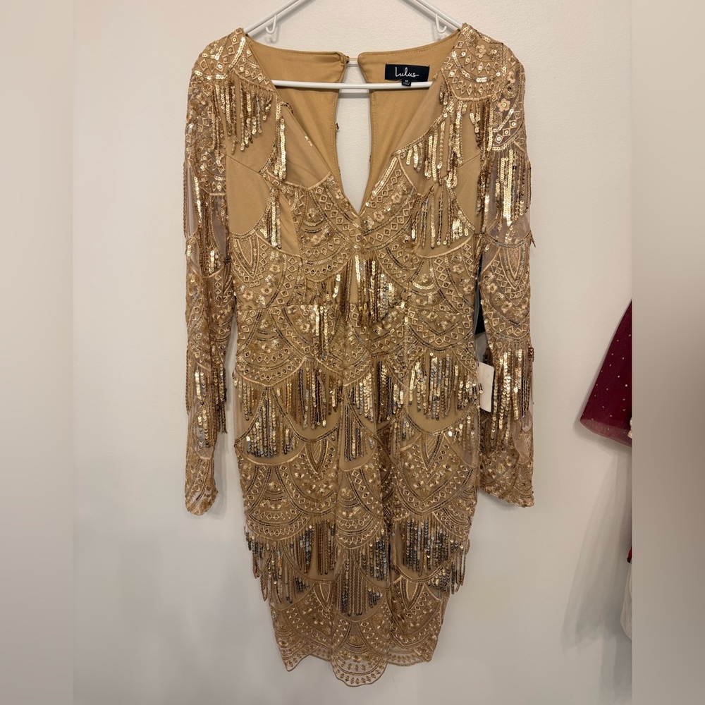 ✨ Lulus Gold Sequin Fringe Embellished Dress – Size M